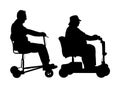 Senior couple on electric wheelchair vector silhouette illustration isolated on white background. Mature people on electric walker Royalty Free Stock Photo