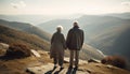 Senior couple embraces love on mountain adventure generated by AI