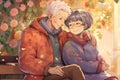 senior couple embracing, reflecting enduring love and companionship, celebrating the beauty of lifelong relationships manga