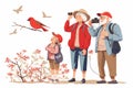 Senior Couple Enjoying Bird Watching with Grandchildr isolated vector style illustration Royalty Free Stock Photo