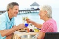 Senior Couple Enjoying Meal In Seafront Restaurant Royalty Free Stock Photo