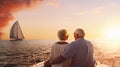 senior couple enjoying sunset from sailing boat Royalty Free Stock Photo