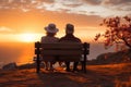 Senior couple enjoys a peaceful sunset on a bench, embodying enduring love