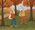 Senior couple exercise in a park. Healthy retirement life concept vector illustration. Autumn outdoor activity for aged