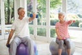 Senior couple exercising with dumbbell on exercise ball