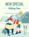 Senior couple exploring the map in mountains. Scrambling, hiking and climbing attributes. Active leisure flyer template.