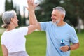 Grey-haired spouses giving high five to each other with beaming smiles outside during work out Royalty Free Stock Photo