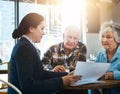 Senior couple, financial advisor and meeting with paperwork in consultation, conversation and retirement plan. Insurance Royalty Free Stock Photo