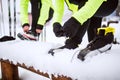 Senior couple getting ready for cross-country skiing. Royalty Free Stock Photo