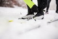 Senior couple getting ready for cross-country skiing. Royalty Free Stock Photo