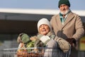 Senior couple going home from grocery store, having fun. Royalty Free Stock Photo