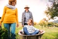 Senior couple with grandaughter gardening in the backyard garden Royalty Free Stock Photo