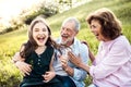 Senior couple with granddaughter outside in spring nature, having fun. Royalty Free Stock Photo