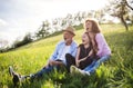 Senior couple with granddaughter outside in spring nature, relaxing on the grass. Royalty Free Stock Photo