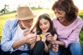 Senior couple with granddaughter outside in spring nature, relaxing on the grass. Royalty Free Stock Photo