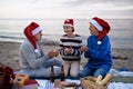 Senior couple with granddaugter celebrate New Year or Christmas and have picnic on beach. Royalty Free Stock Photo