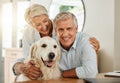 Senior couple, happy dog and smile of people in a home with quality time together. Animal love and happiness of elderly Royalty Free Stock Photo