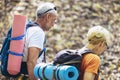 Couple hiking in forest wearing backpacks and hiking poles. Nordic walking, trekking. Healthy lifestyle Royalty Free Stock Photo