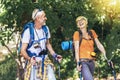 Couple hiking in forest wearing backpacks and hiking poles. Nordic walking, trekking. Healthy lifestyle Royalty Free Stock Photo