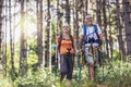 Couple hiking in forest wearing backpacks and hiking poles. Nordic walking, trekking. Healthy lifestyle Royalty Free Stock Photo