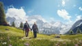 senior couple hiking high in the mountains, generative ai Royalty Free Stock Photo