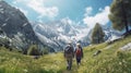 senior couple hiking high in the mountains, generative ai Royalty Free Stock Photo