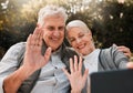 Senior couple, hiking and video call in nature, wave and smile outdoor with hello, sunshine and adventure. Elderly man Royalty Free Stock Photo