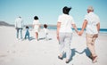 Senior couple, holding hands and family at beach with back for walk, freedom and vacation together with love. Old man Royalty Free Stock Photo