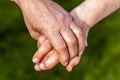 Senior couple holding hands while sitting together in the garden Royalty Free Stock Photo