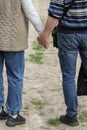 Senior couple holding hands together and walking in spring garden road. Elderly marriage in love. Relationship concept. Royalty Free Stock Photo