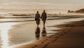 Senior couple holding hands, walking on sand, enjoying sunset together generated by AI Royalty Free Stock Photo