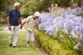 Senior Couple Holding Smelling Flowers On Walk In Park Together Royalty Free Stock Photo