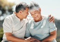 Senior couple, hug and happy in nature on vacation, holiday or summer bonding. Hugging, care and retirement of man and Royalty Free Stock Photo