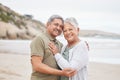 Senior, couple and hug with portrait on beach in nature together for support, relax and connection with smile Royalty Free Stock Photo