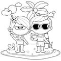 Senior couple on summer island vacation. Elderly people relaxing at the beach near the sea. Vector black and white coloring page
