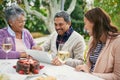 Senior, couple and laughing, outdoor and tablet for celebration of anniversary of parents with champagne. Summer, relax Royalty Free Stock Photo