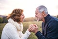 Senior couple looking at each other in an autumn nature, holding hands. Royalty Free Stock Photo