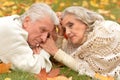 Senior couple lying on green grass Royalty Free Stock Photo