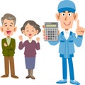 A senior couple and a male worker with a calculator