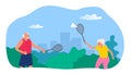 senior couple man and woman playing badminton in the park vector Royalty Free Stock Photo