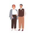 Senior couple of modern man and woman in eyewear. Portrait of happy elderly people in stylish casual clothes. Colored