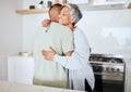 Senior couple, new home and hug with key, smile and start life together with property investment for retirement. Happy