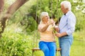 Senior couple outdoors with tree swing Royalty Free Stock Photo