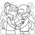 Senior couple at the park. Vector black and white coloring page. Royalty Free Stock Photo