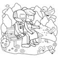Senior couple at the park. Vector black and white coloring page. Royalty Free Stock Photo