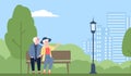 Senior couple park, cute elderly grandparents relaxing on nature. Pension time, woman man sitting on bench together Royalty Free Stock Photo