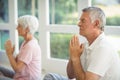 Senior couple performing yoga on exercise mat