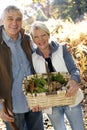 Senior couple picking with basket of ceps