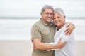 Senior couple, portrait and hug at beach for holiday, vacation or tropical travel in retirement with mockup. Happy man Royalty Free Stock Photo