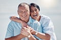 Senior couple, portrait and hug at beach for laughing, love and relax on summer holiday, vacation or date. Happy Royalty Free Stock Photo